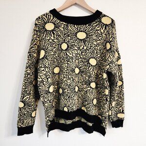 Over Kleshas Knit Sweater Sun Flower Top Women Sz S/M Yellow Black Viscose Blend
